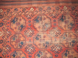 Central Asian Main Carpet with large guls. Some features resemble Turkmen weavings from the Middle Amu Darya region but the construction of this piece, including one strand per pass wefting, is unlike  ...