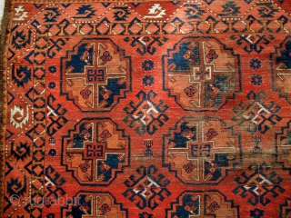 Central Asian Main Carpet with large guls. Some features resemble Turkmen weavings from the Middle Amu Darya region but the construction of this piece, including one strand per pass wefting, is unlike  ...