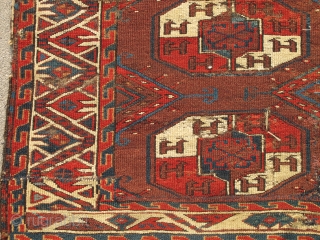 Yomud Tauk Nuska Main Carpet, saturated color, good spacing, super diamond minors with pearl ornament, salt and pepper back, cut and shut.           