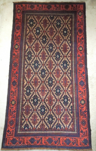 Baluch camel ground rug with an asmalyk design and minakhani border. Camel warp as well. Size is about 3'6"x 7".             