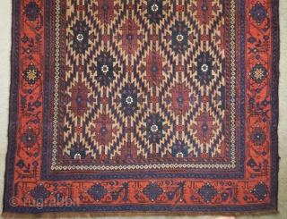 Baluch camel ground rug with an asmalyk design and minakhani border. Camel warp as well. Size is about 3'6"x 7".             