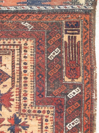 Crisply drawn Camel Ground Baluch Prayer Rug with elongated stylized hands, depressed warp Khorosan type. Dated Baluch prayer rug, a piece from Basha's Baluch Collection. 2'7"x4'7"
       