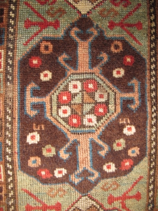 East Anatolian Rug with Transylvanian Border. Great graphics, 3 medallions nicely drawn with an assortment of scorpions. Good colors with an unusual subdued palette. Condition is fair with scattered old "repair" and  ...