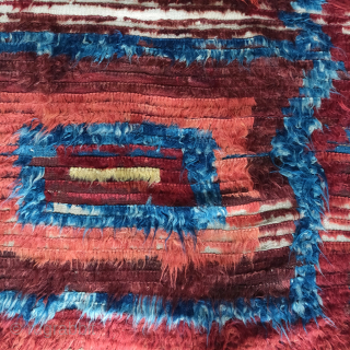 East Anatolian Kurd long pile fluffy rug on a striped kilim. Not sure what these are called but this is a good old one. About 110x220cm       