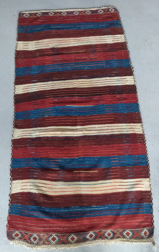 East Anatolian Kurd long pile fluffy rug on a striped kilim. Not sure what these are called but this is a good old one. About 110x220cm       