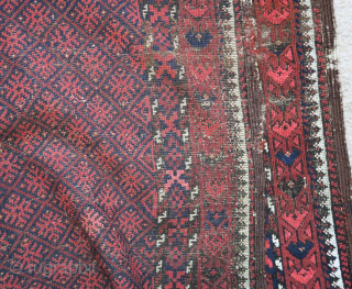 Baluch rug with a small-scale embroidered design rendered in pile. Narrow border, uncommon type, 4x6ish                  