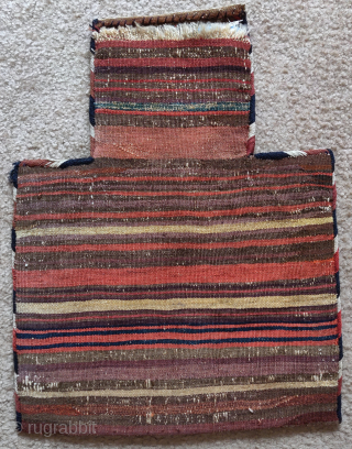 Multi flatweave technique complete Baluch salt bag. Uncommon leaf design sometimes found on Baluch pile ghurbaghe rugs, beautiful colorful striped back.            