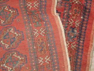 Turkmen Chuval. Perhaps Ersari, but open left. White warps, Soft floppy handle, good color, nice negative space between the guls. Some split guls. Woven upside-down. 4'6" x 3'1" (137x94cm)    