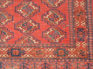 Turkmen Chuval. Perhaps Ersari, but open left. White warps, Soft floppy handle, good color, nice negative space between the guls. Some split guls. Woven upside-down. 4'6" x 3'1" (137x94cm)    