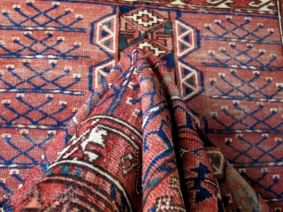 Ersari or Kizyl Ayak Ensi, Very soft wool, interesting drawing, natural colors. Field madder color seems slightly corrosive, browns are un-dyed wool. 2 chord goat hair selvedge and kilim ends are mostly  ...