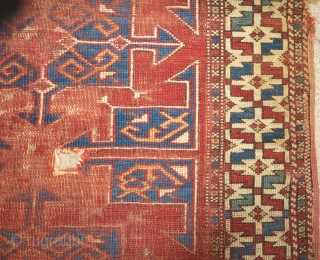 Small format Bergama area Turkish rug. Squarish shape and nicely drawn with good color. About 38"×42". Worn but very readable. Two-tones of blue in the field.       