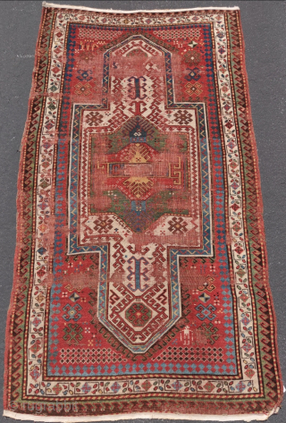 Masculine Sevan? Kazak, worn but actually quite a nice antique rug with personality, color, and a nice handle. 4'4"x7'4"              