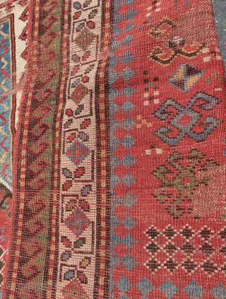 Masculine Sevan? Kazak, worn but actually quite a nice antique rug with personality, color, and a nice handle. 4'4"x7'4"              