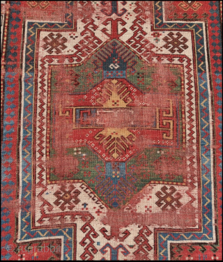 Masculine Sevan? Kazak, worn but actually quite a nice antique rug with personality, color, and a nice handle. 4'4"x7'4"              