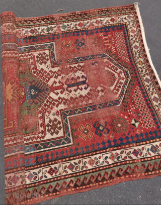 Masculine Sevan? Kazak, worn but actually quite a nice antique rug with personality, color, and a nice handle. 4'4"x7'4"              