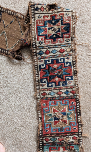 Inscribed Shahsevan sumak band with Memling guls and stars. Measures about 227x16cm including the macrame end finishes. The length of the sumak portion alone is 185cm. The colors are all good and  ...