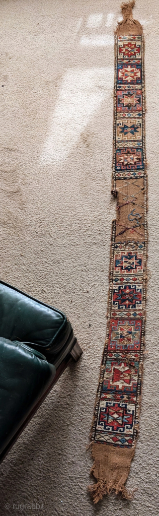 Inscribed Shahsevan sumak band with Memling guls and stars. Measures about 227x16cm including the macrame end finishes. The length of the sumak portion alone is 185cm. The colors are all good and  ...