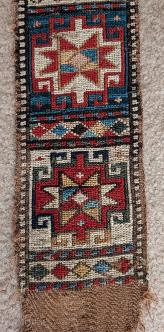 Inscribed Shahsevan sumak band with Memling guls and stars. Measures about 227x16cm including the macrame end finishes. The length of the sumak portion alone is 185cm. The colors are all good and  ...