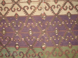 Fine Anatolian Kilim, large fragment with fantastic purples and greens, four blues, great color range, probably Konya area. size= 4'11"x6'10"             