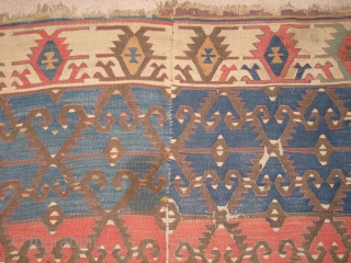 Fine Anatolian Kilim, large fragment with fantastic purples and greens, four blues, great color range, probably Konya area. size= 4'11"x6'10"             