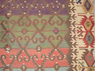 Fine Anatolian Kilim, large fragment with fantastic purples and greens, four blues, great color range, probably Konya area. size= 4'11"x6'10"             