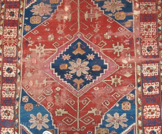 Bergama area Anatolian Turkish rug, an early rendition of this uncommon type with saturated color and open drawing, silk knots in the center. Stars and ewers. 64"x78" 163x198cm. Inscribed in two places  ...