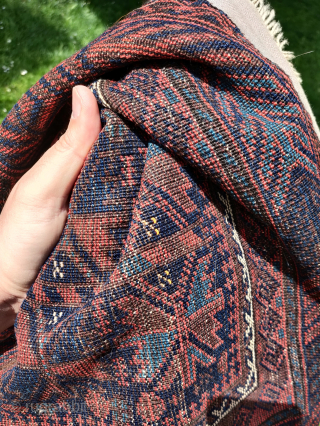 Lush blue-ground Timuri Baluch prayer rug. Great wool, vibrant natural color, super handle, very good condition with preserved flat-woven ends. Small silk highlights drawing an x x in gold. Unusual fishbone/ shrub ...