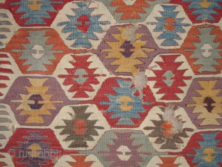 Anatolian Kilim Fragment with particularly pleasing purples. 
Central Anatolia, circa 1800 (2'8"x4'10") 81x147cm. All Colors Are Excellent.                