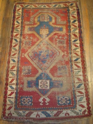 Old, worn, little Kazak Prayer Rug, horse and rider in top corner. good colors.                   