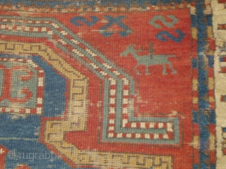 Old, worn, little Kazak Prayer Rug, horse and rider in top corner. good colors.                   