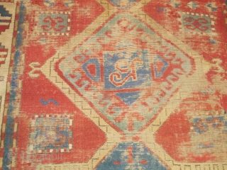 Old, worn, little Kazak Prayer Rug, horse and rider in top corner. good colors.                   