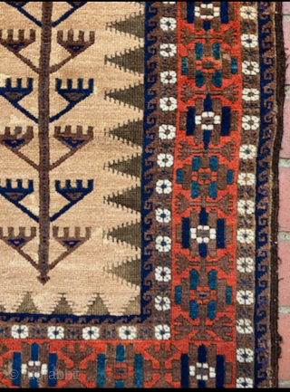Elegant small Baluch sofreh with an abstract tree floating against a camel ground. Great color and graphic cohesion. Wonderful use of all three secondary colors, Aubergine purple, turquoise green, and madder orange.  ...