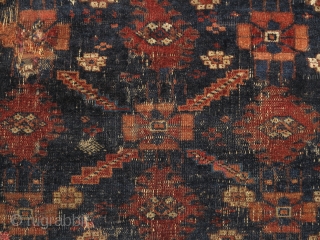 Single-wefted minakhani Baluch bag in paradoxical condition. An old example with several blues, complete back and great flat-woven top but with a lot of damage to the face. The pile face is  ...