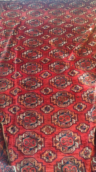 Saryk Turkmen main carpet, cotton and silk highlights, square proportions, both highly collectable and useable. 8'0"x8'9"                 