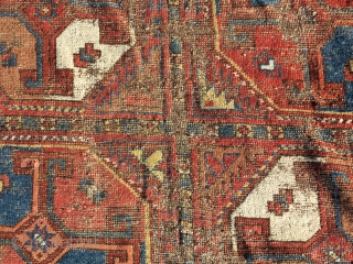 Very Old Central Asian / Uzbek main carpet with crosses in octagons. Great diverse color and an amazing border of a type I have never seen anywhere else. The negative space forms  ...