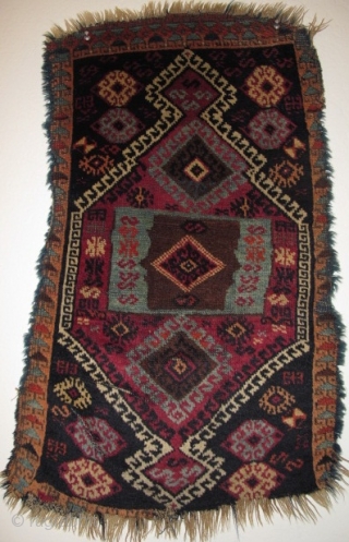 East Anatolian Kurdish yastik, beautiful shimmering unlined center, 3 blues and a lighter blue weft than most of this type. Complex use of abrash. A very authentic antique village piece with good  ...