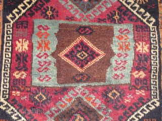 East Anatolian Kurdish yastik, beautiful shimmering unlined center, 3 blues and a lighter blue weft than most of this type. Complex use of abrash. A very authentic antique village piece with good  ...