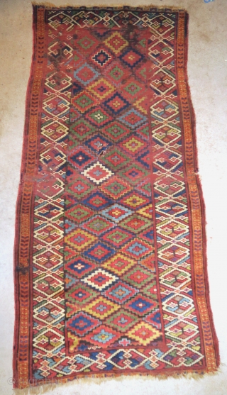 Remarkable colorful Sauj Bolagh Kurdish long rug with a step diamond field and fascinating border
                  