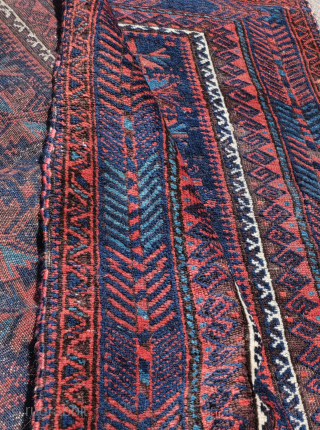 Lush blue-ground Timuri Baluch prayer rug. Great wool, vibrant natural color, super handle, very good condition with preserved flat-woven ends. Small silk highlights drawing an x x in gold. Unusual fishbone/ shrub  ...
