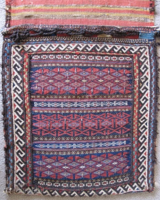 Very Rare, Very Old Complete Khorosan Quchan Kurd? ( or perhaps Khorosan Afshar ? )Double Saddle Bags (Khorjin). Bagfaces are done in bands of colorful floating weft work with wool and goat-hair  ...