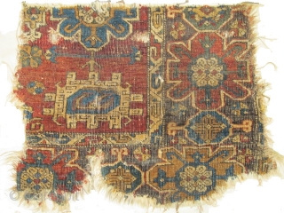 3 Fragments from a Significant Near Eastern Carpet found in Tibet. Most probably 17th century based on design and relation to classical prototypes from northwest Persia. These fragments are structurally a little  ...