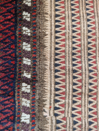 Very graphic Baluch mixed technique sofreh. Knotted pile borders, a fine geometric repeat flat-woven weft float brocade field with kilim ends. Saturated all natural dyes. A rare and compelling artistic piece in  ...