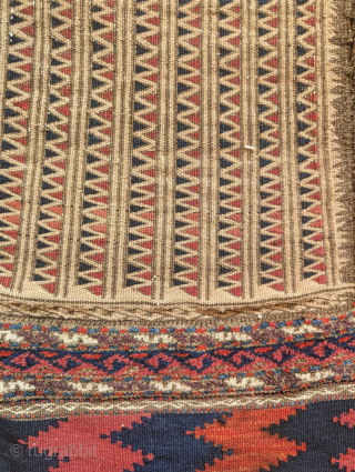Very graphic Baluch mixed technique sofreh. Knotted pile borders, a fine geometric repeat flat-woven weft float brocade field with kilim ends. Saturated all natural dyes. A rare and compelling artistic piece in  ...