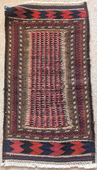 Very graphic Baluch mixed technique sofreh. Knotted pile borders, a fine geometric repeat flat-woven weft float brocade field with kilim ends. Saturated all natural dyes. A rare and compelling artistic piece in  ...
