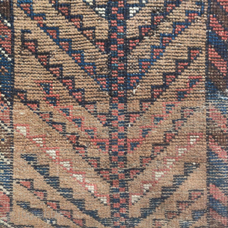 Camel-ground tribal rug with a pair of abstracted trees. 19th century, all good colors. Black, tan, grey, and red weft. Asymmetric knot open right. Some type of rustic south Persian tribal, perhaps  ...