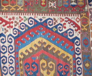 Central Anatolian Konya Karapinar Kilim. Fantastic color. Areas of the back are conserved by mounting. 148" x 32"               