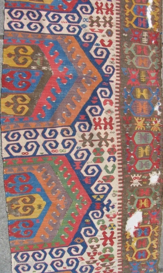 Central Anatolian Konya Karapinar Kilim. Fantastic color. Areas of the back are conserved by mounting. 148" x 32"               