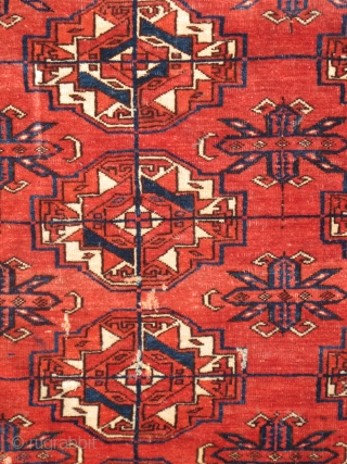 Tekke Turkmen Small Main Carpet or Large Mat with Torba-Guls. Exceptional velvet-like wool, large well-drawn guls, great handle. There is an abrash to the natural browns, lighter toward the center and darker  ...