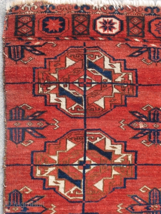 Tekke Turkmen Small Main Carpet or Large Mat with Torba-Guls. Exceptional velvet-like wool, large well-drawn guls, great handle. There is an abrash to the natural browns, lighter toward the center and darker  ...