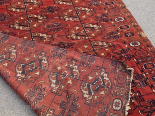 Tekke Turkmen Small Main Carpet or Large Mat with Torba-Guls. Exceptional velvet-like wool, large well-drawn guls, great handle. There is an abrash to the natural browns, lighter toward the center and darker  ...